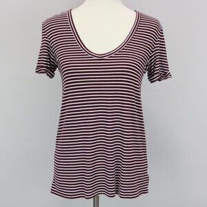 AEO American Eagle Burgundy White Striped Soft & Sexy V-Neck T-Shirt